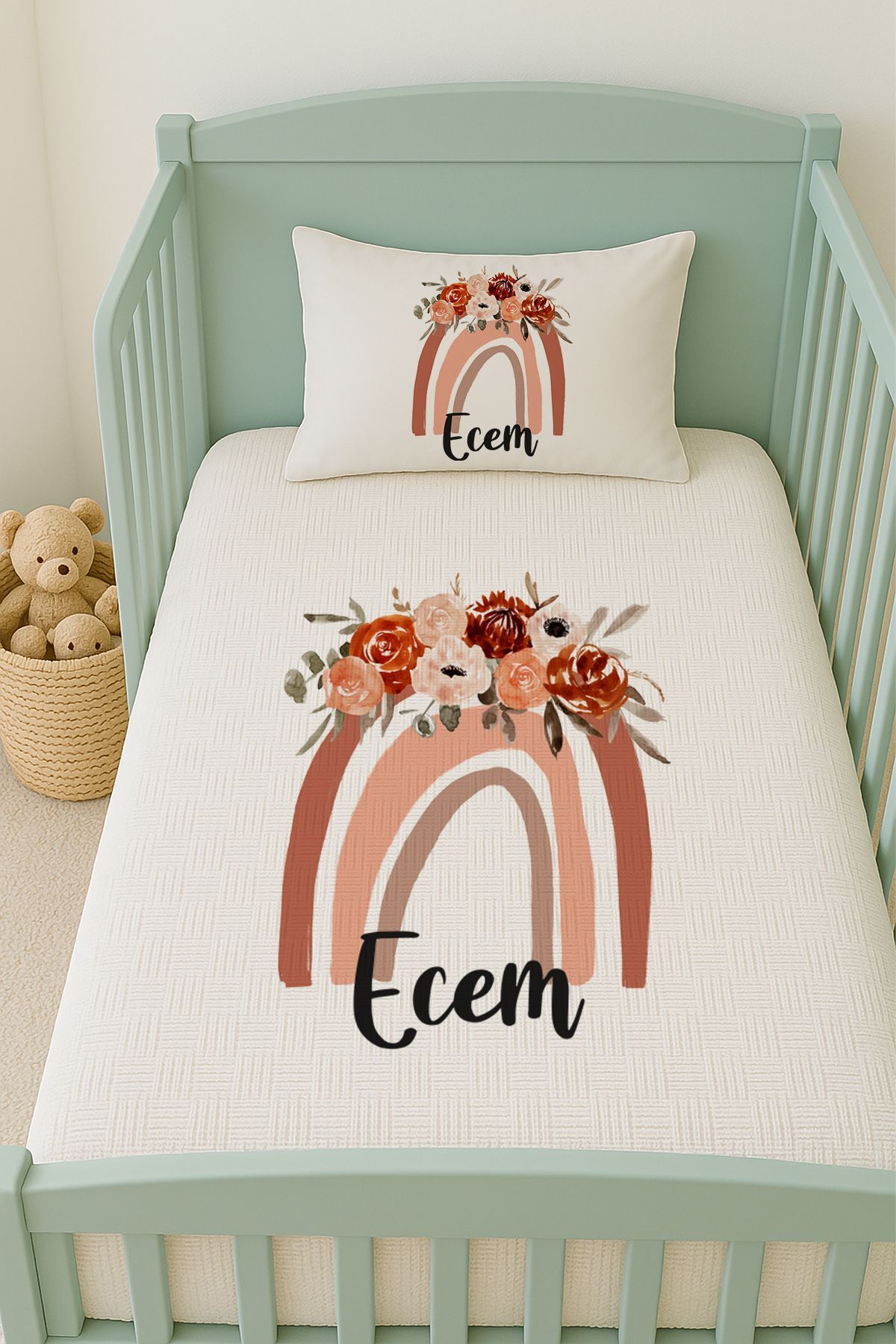 İsme Özel (100x150cm) Pike Seti Güllü Gökkuşağı