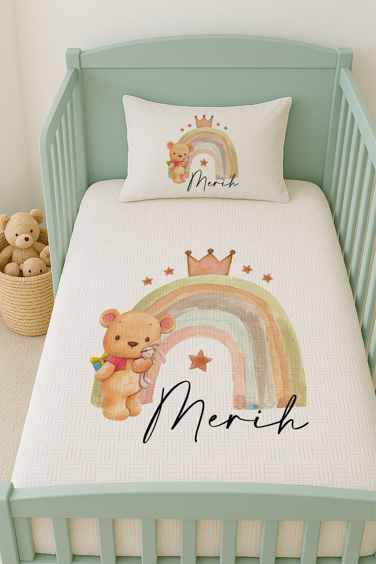 İsme Özel (100x150cm) Pike Seti Gökkuşağı ve Küçük Ayıcık