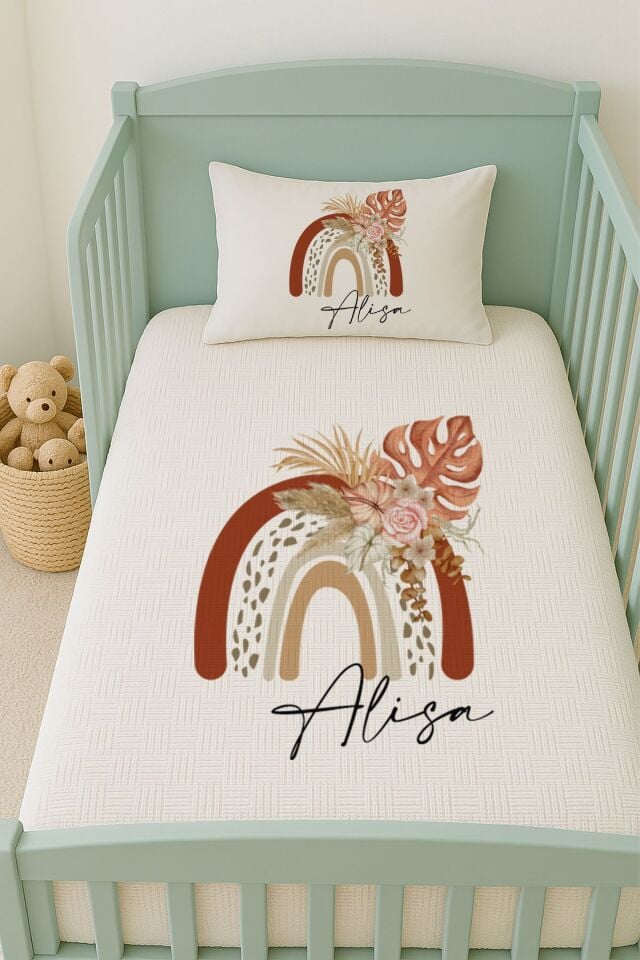 İsme Özel (100x150cm) Pike Seti Kahverengi Çiçekli Gökkuşağı