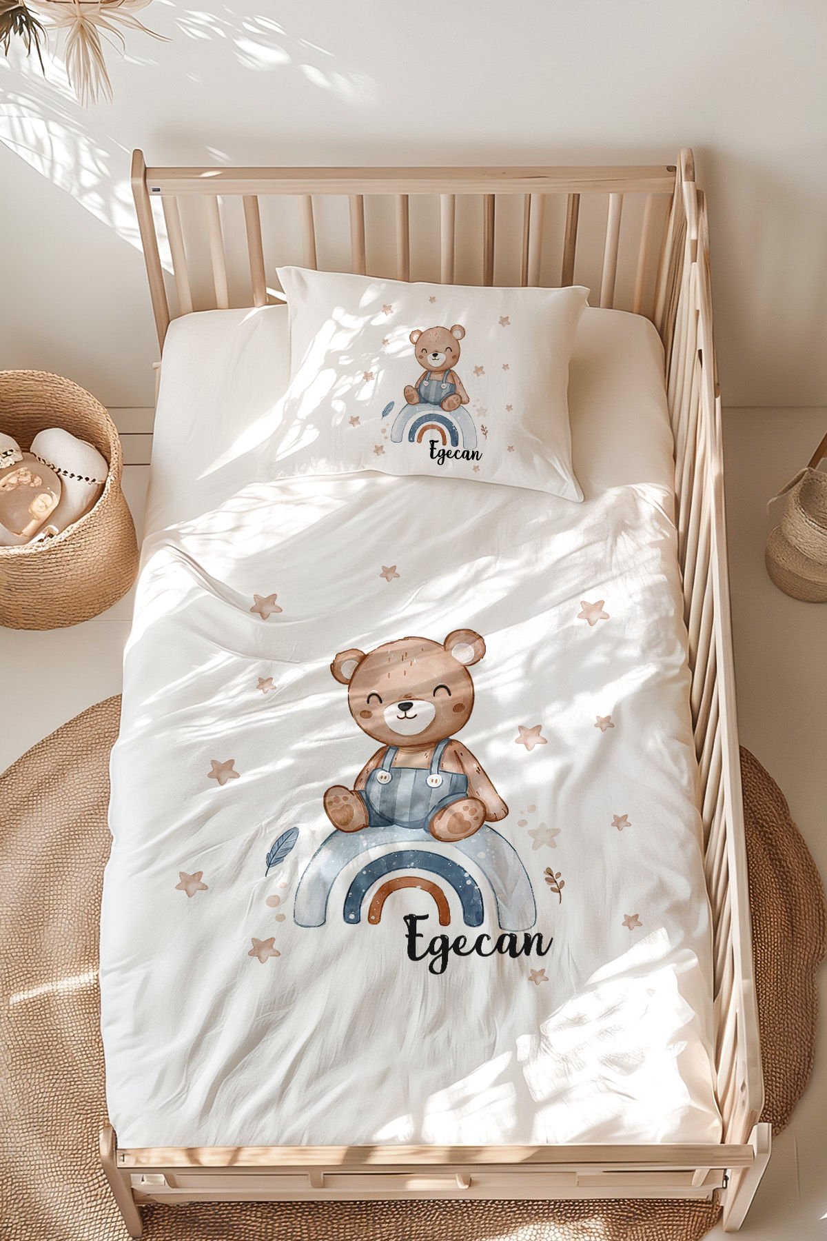 İsme Özel Montessori Yatak Nevresim Takımı (100x200 cm) Ayıcık