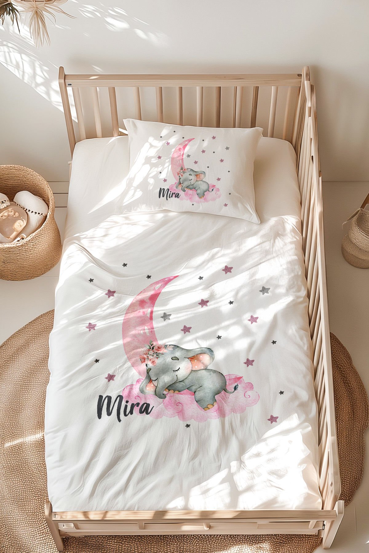 İsme Özel Montessori Yatak Nevresim Takımı (100x200 cm) Sevimli Fil