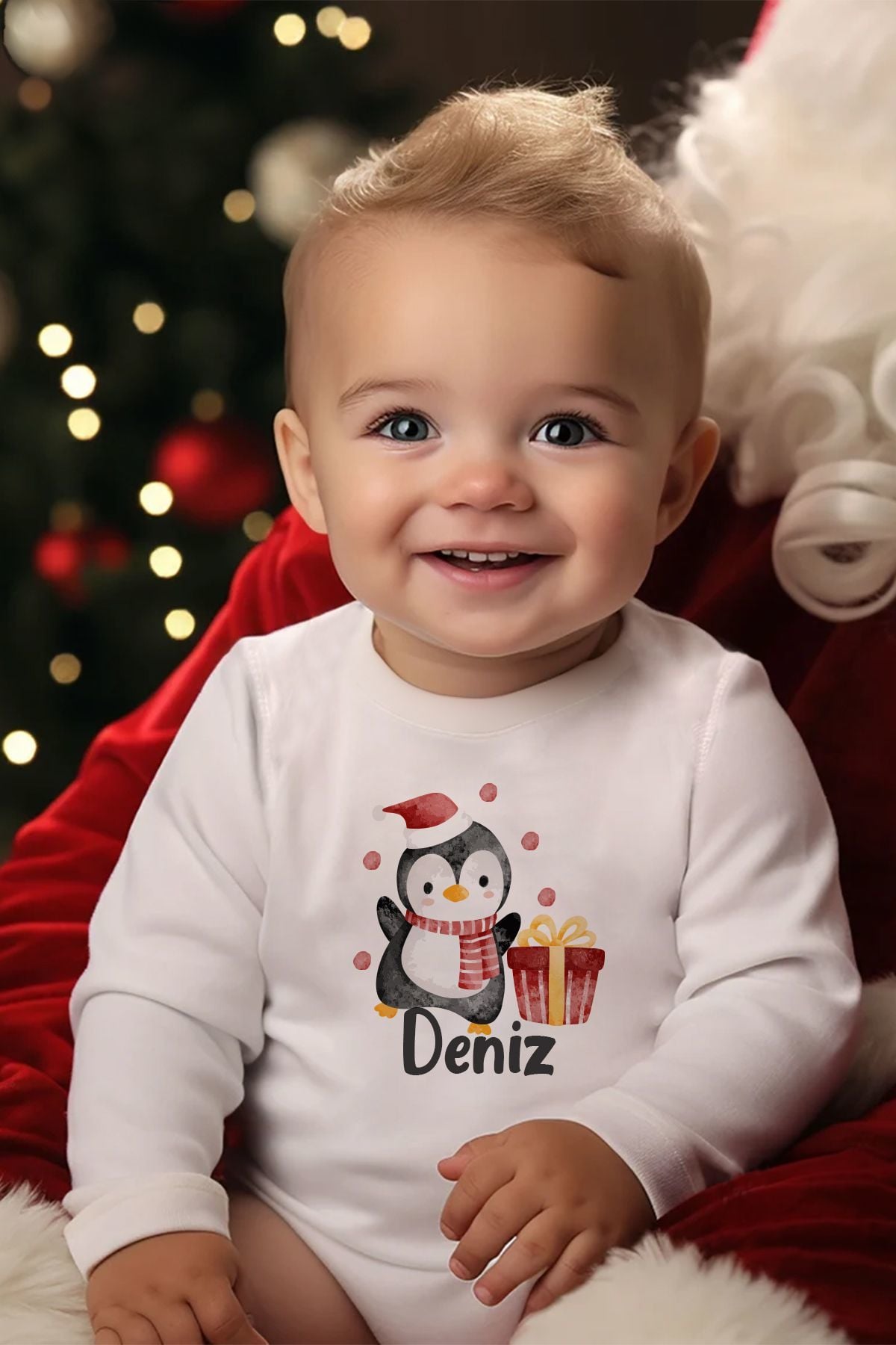 %100 Organik Pamuk İsme Özel Uzun Kollu Yılbaşı Temalı Bebek Body