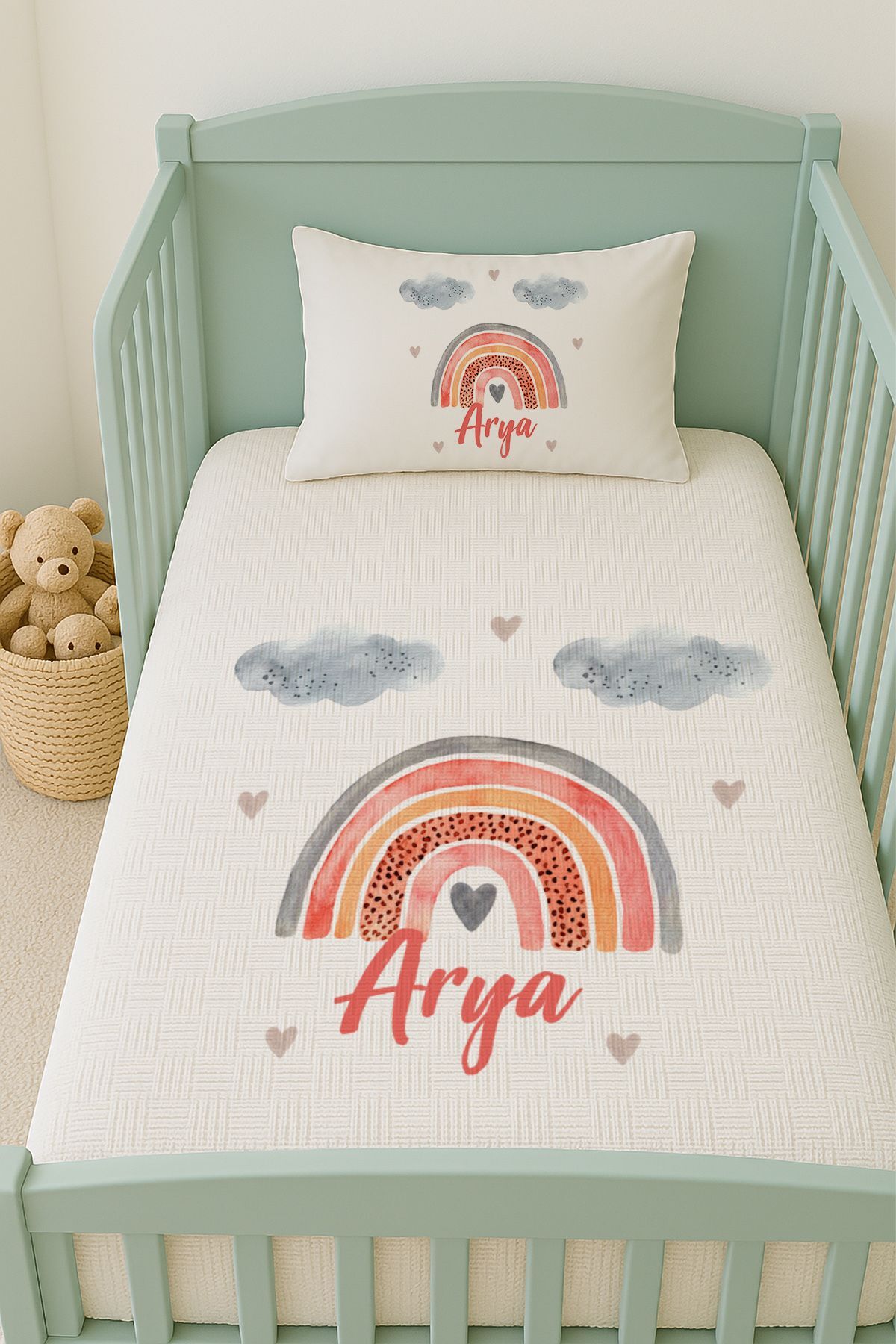 İsme Özel (100x150cm) Pike Seti Gri Bulutlu Gökkuşağı