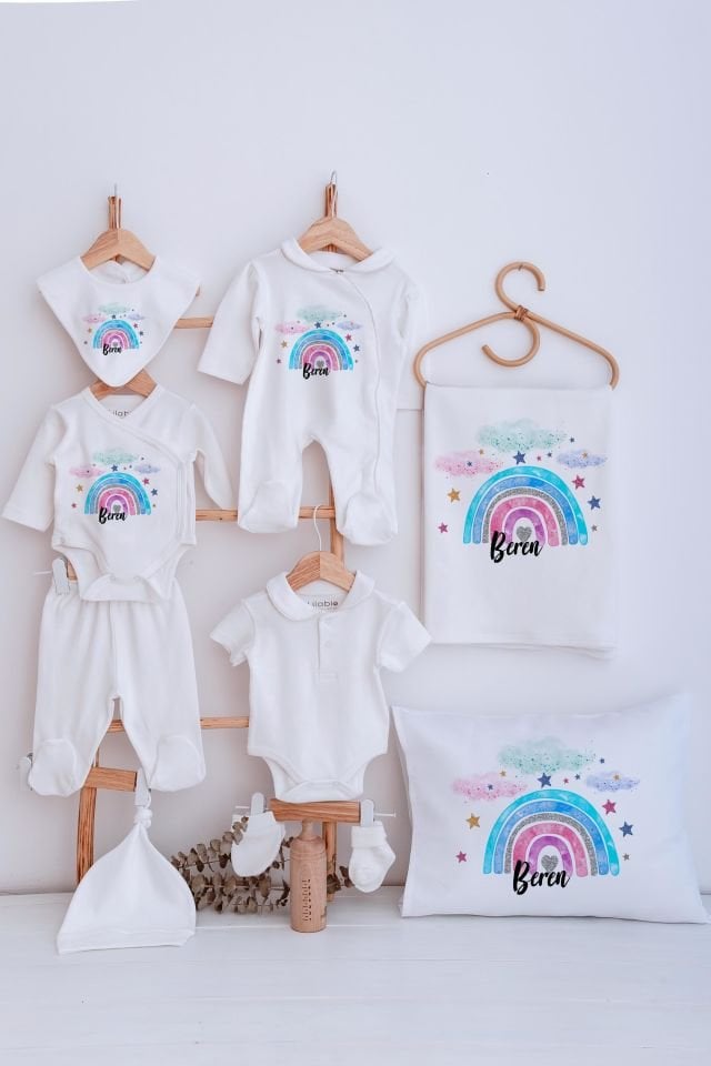 Lilabio Bebe Yaka İsme Özel Delux 12li Hastane Çıkışı Gökkuşağı
