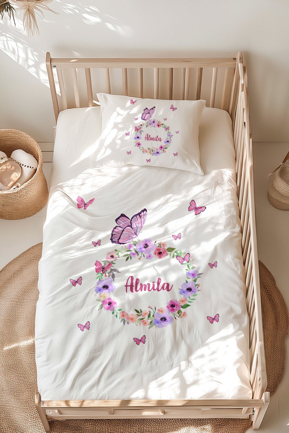 %100 Pamuk İsme Özel Montessori Yatak Nevresim Takımı (100x200 cm) Kelebek