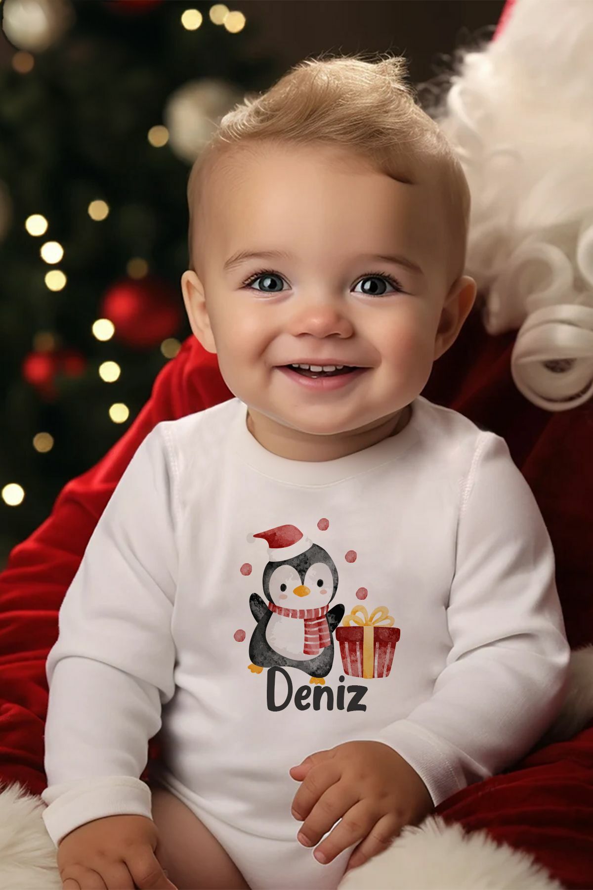 %100 Organik Pamuk İsme Özel Uzun Kollu Yılbaşı Temalı Bebek Body 9 - 12 Ay - Beyaz