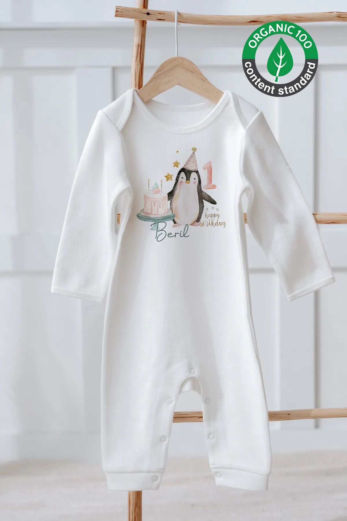 % 100 Pamuk İsme Özel İsimli Doğum Günü Bebek Tulum 1 Yaş Penguen