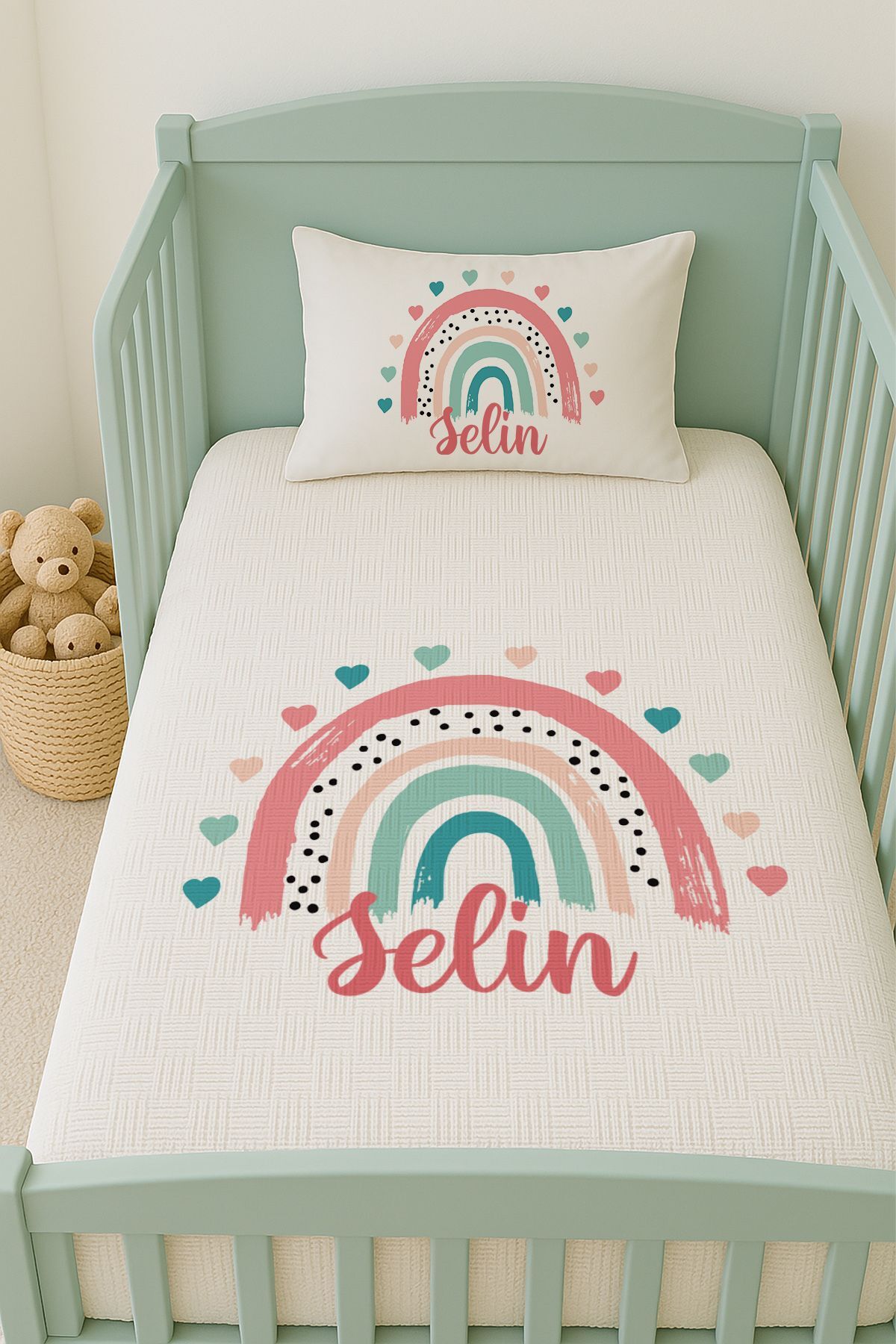 İsme Özel (100x150cm) Pike Seti Kalpli Gökkuşağı