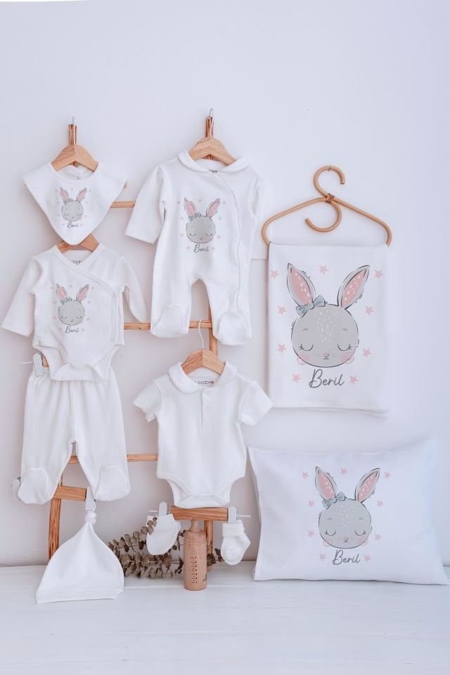 Lilabio Bebe Yaka İsme Özel Delux 12li Hastane Çıkışı Yıldızlı Tavşan