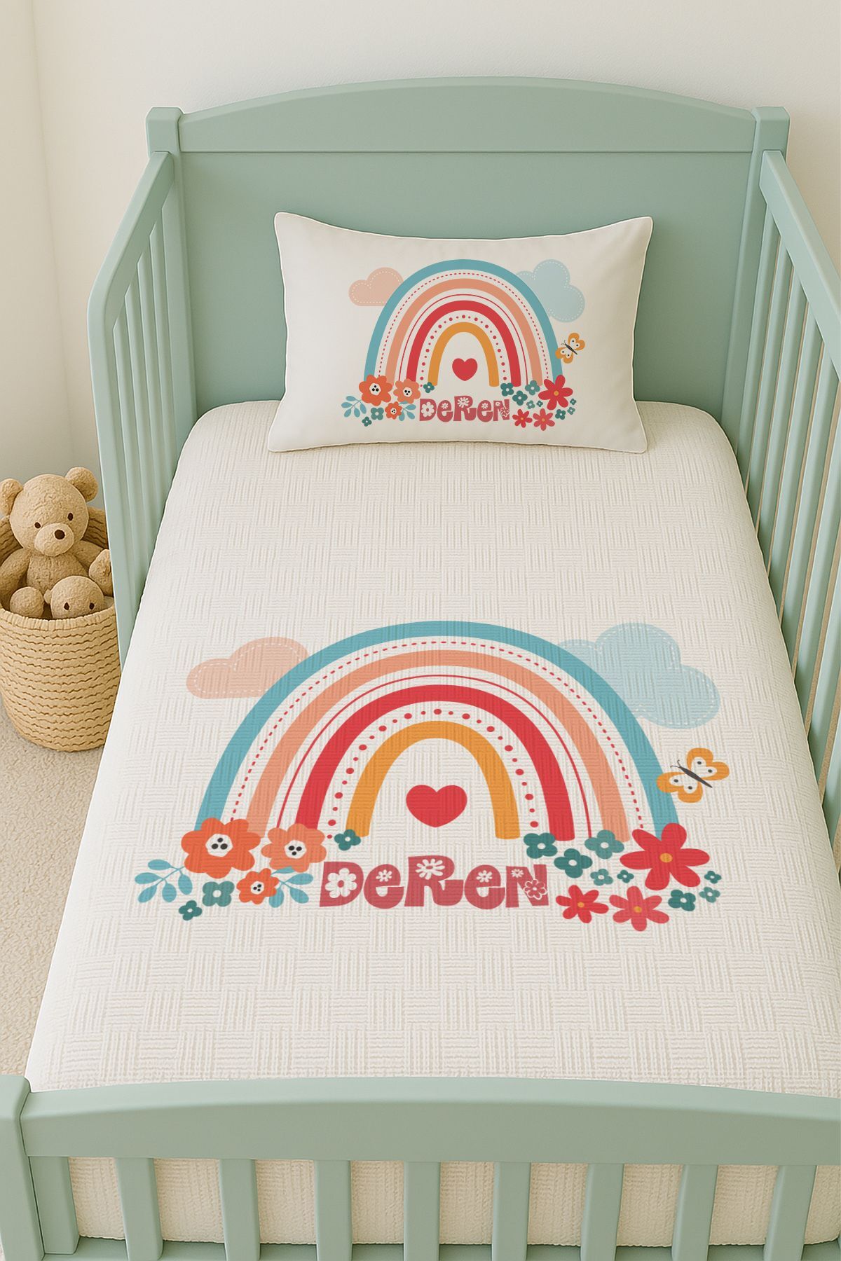 İsme Özel (100x150cm) Pike Seti Çiçekli Gökkuşağı