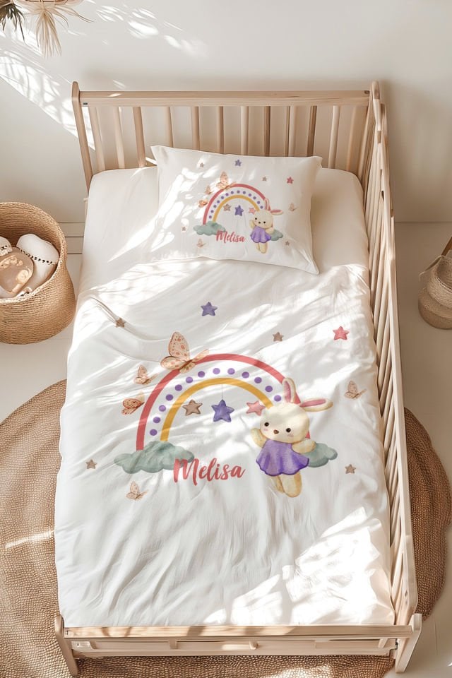 %100 Pamuk İsme Özel Montessori Yatak Nevresim Takımı (100x200 cm) Gökkuşağı Tavşan