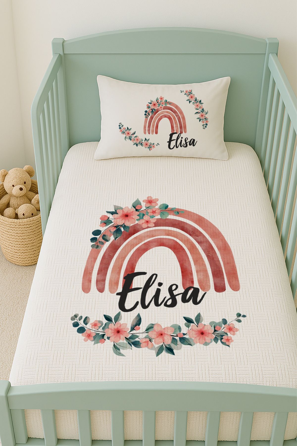 İsme Özel (100x150cm) Pike Seti Kırmızı Çiçekli Gökkuşağı