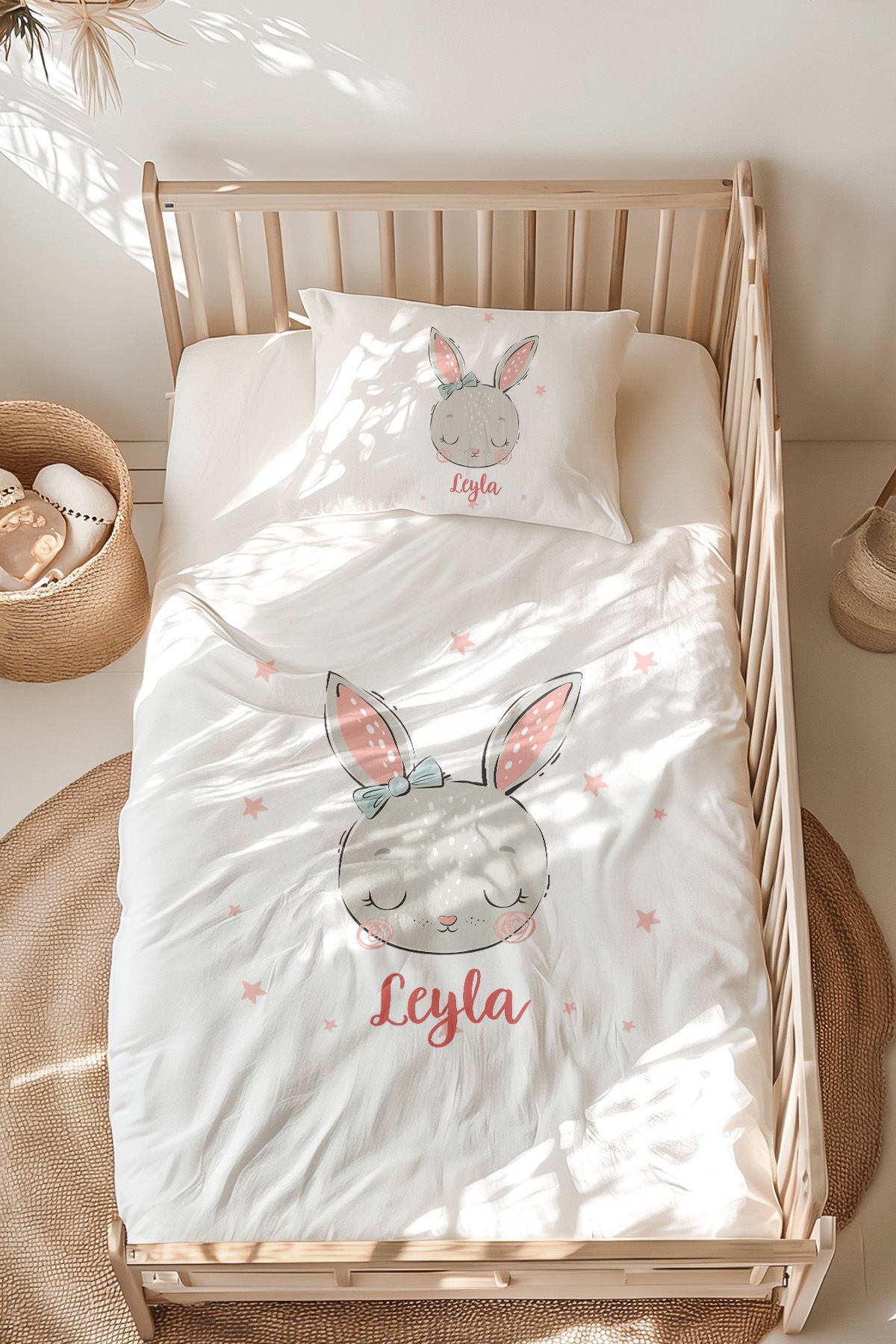 İsme Özel Montessori Yatak Nevresim Takımı (100x200 cm) Tavşan