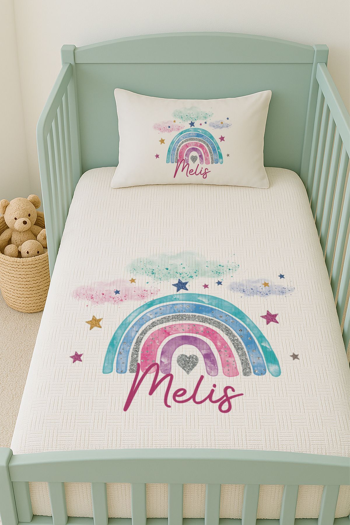İsme Özel (100x150cm) Pike Seti Bulutlu Gökkuşağı