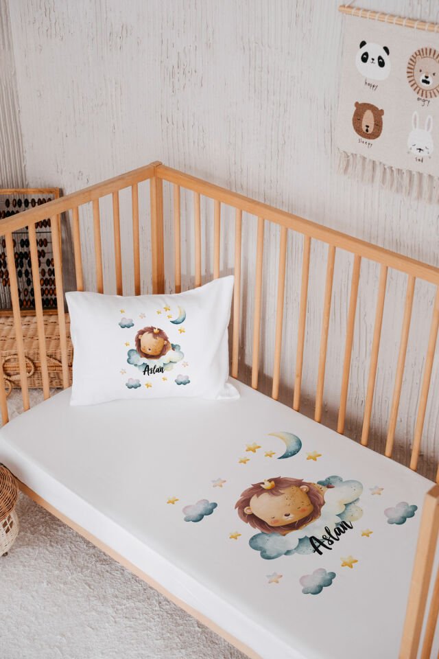 %100 Pamuk İsme Özel Park Yatak Çarşaf Seti (120x180) Aslan