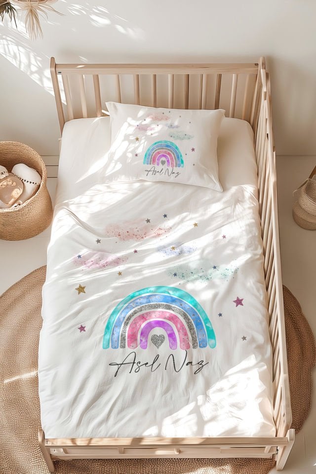 İsme Özel Montessori Yatak Nevresim Takımı (100x200 cm) Gökkuşağı