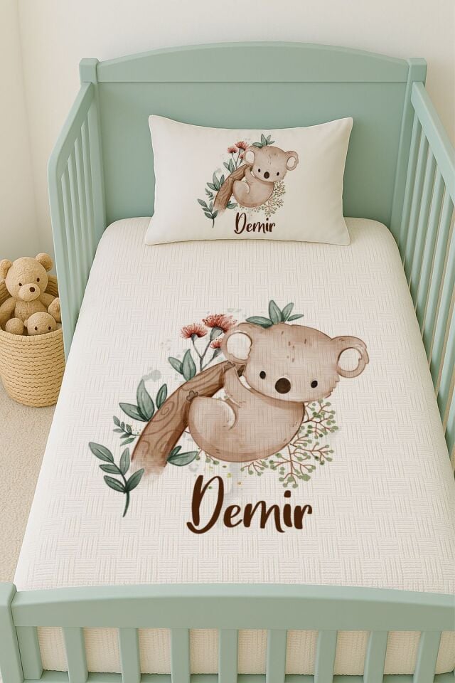 %100 Pamuk İsme Özel İsimli 100x150 cm Pike Seti Sevimli Koala