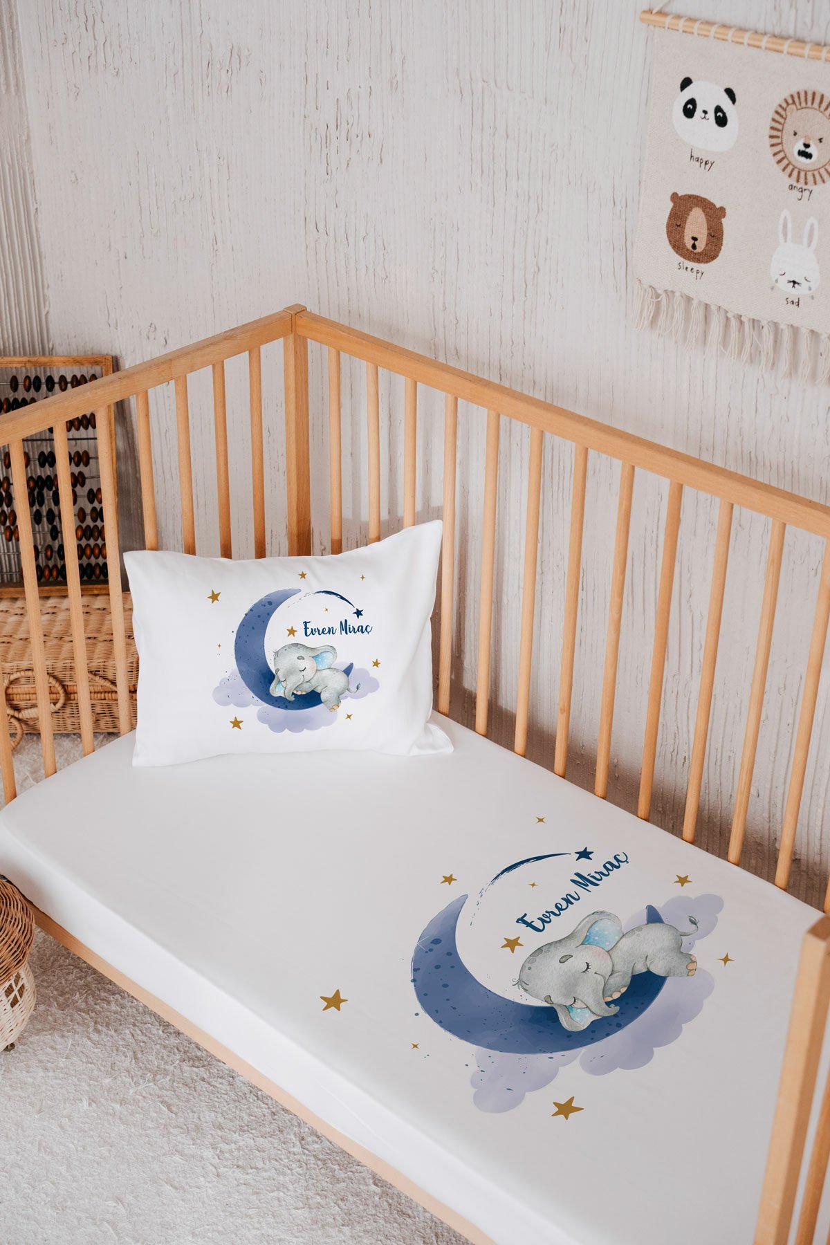 %100 Pamuk İsme Özel Park Yatak Çarşaf Seti (120x180) Fil