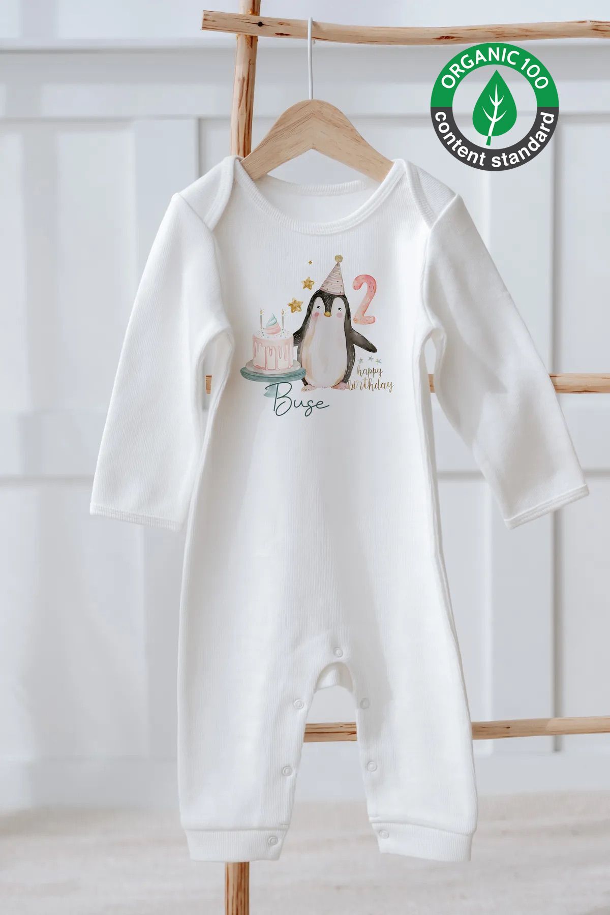%100 Pamuk İsme Özel İsimli Doğum Günü Bebek Tulum 2 Yaş Penguen 24-36 Ay - Ekru