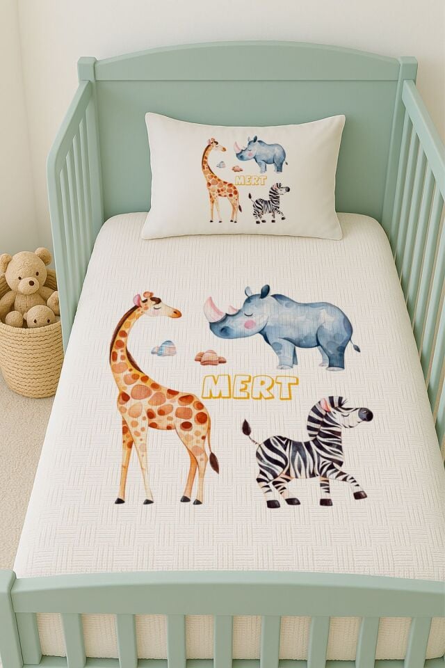 %100 Pamuk İsme Özel İsimli 100x150 cm Pike Seti Zürafa ve Zebra