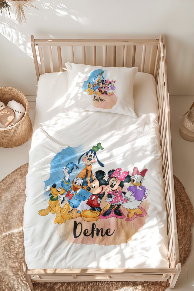 %100 Pamuk İsme Özel Montessori Yatak Nevresim Takımı (100x200 cm) Disney Kahramanları