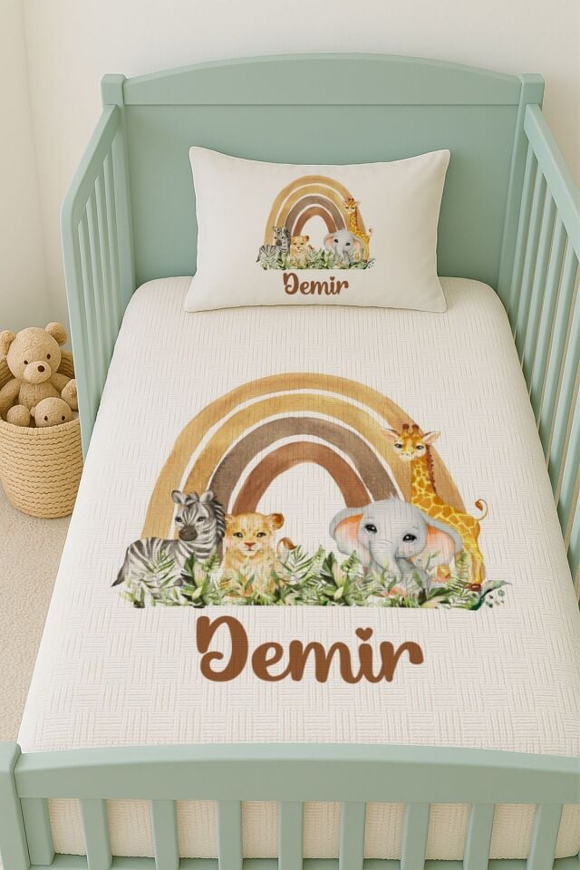%100 Pamuk İsme Özel İsimli 100x150 cm Pike Seti Gökkuşağı Safari
