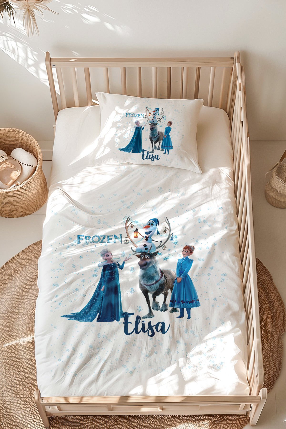 İsme Özel Montessori Yatak Nevresim Takımı (100x200 cm) Elsa Frozen