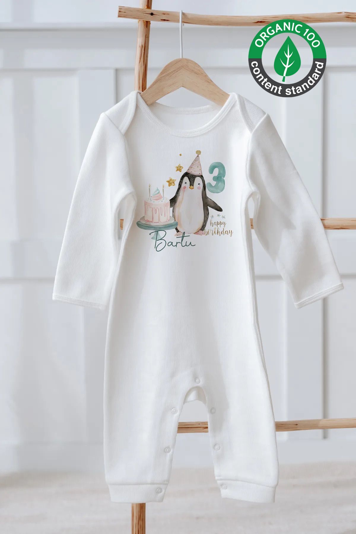 %100 Pamuk İsme Özel İsimli Doğum Günü Bebek Tulum 3 Yaş Penguen