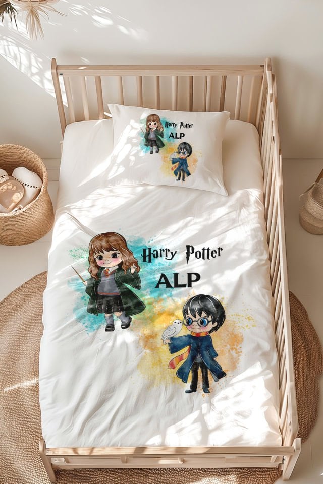 %100 Pamuk İsme Özel Montessori Yatak Nevresim Takımı (100x200 cm) Harry Potter