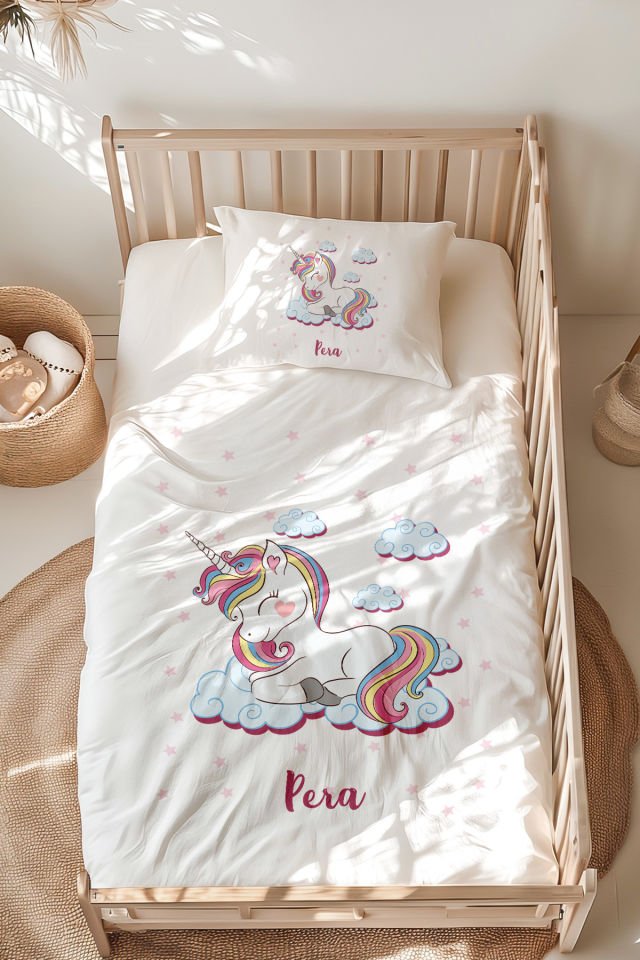 %100 Pamuk İsme Özel Montessori Yatak Nevresim Takımı (100x200 cm) Unicorn