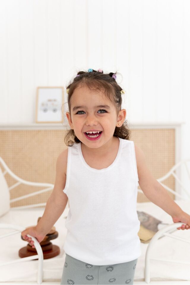 %100 Pamuk 3lü Kız Çocuk Beyaz Atlet