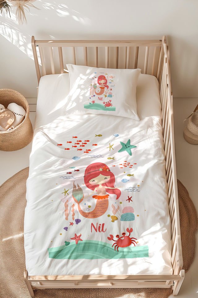 %100 Pamuk İsme Özel Montessori Yatak Nevresim Takımı (100x200 cm) Denizkızı
