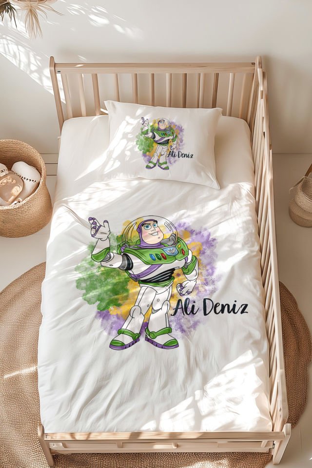 %100 Pamuk İsme Özel Montessori Yatak Nevresim Takımı (100x200 cm) Toy Story Buzz