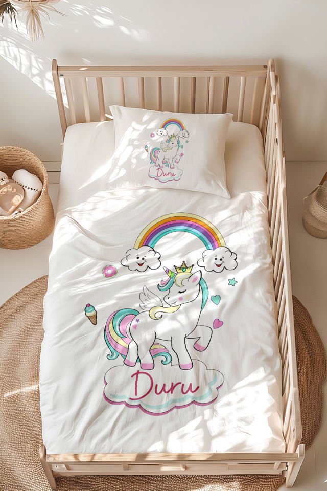 %100 Pamuk İsme Özel Montessori Yatak Nevresim Takımı (100x200 cm) Unicorn