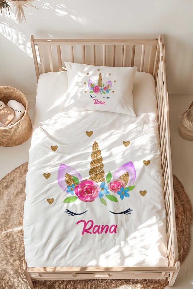 İsme Özel Montessori Yatak Nevresim Takımı (100x200 cm) Unicorn Prenses