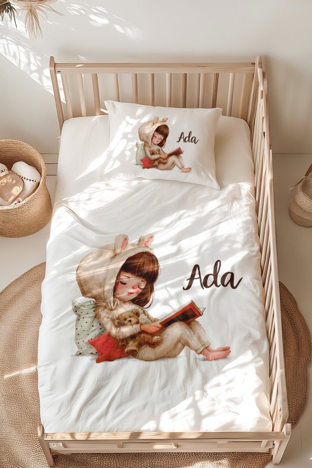 %100 Pamuk İsme Özel Montessori Yatak Nevresim Takımı (100x200 cm) Kitap Okuyan Kız