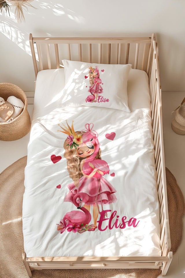 İsme Özel Montessori Yatak Nevresim Takımı (100x200 cm) Flamingolu Kız