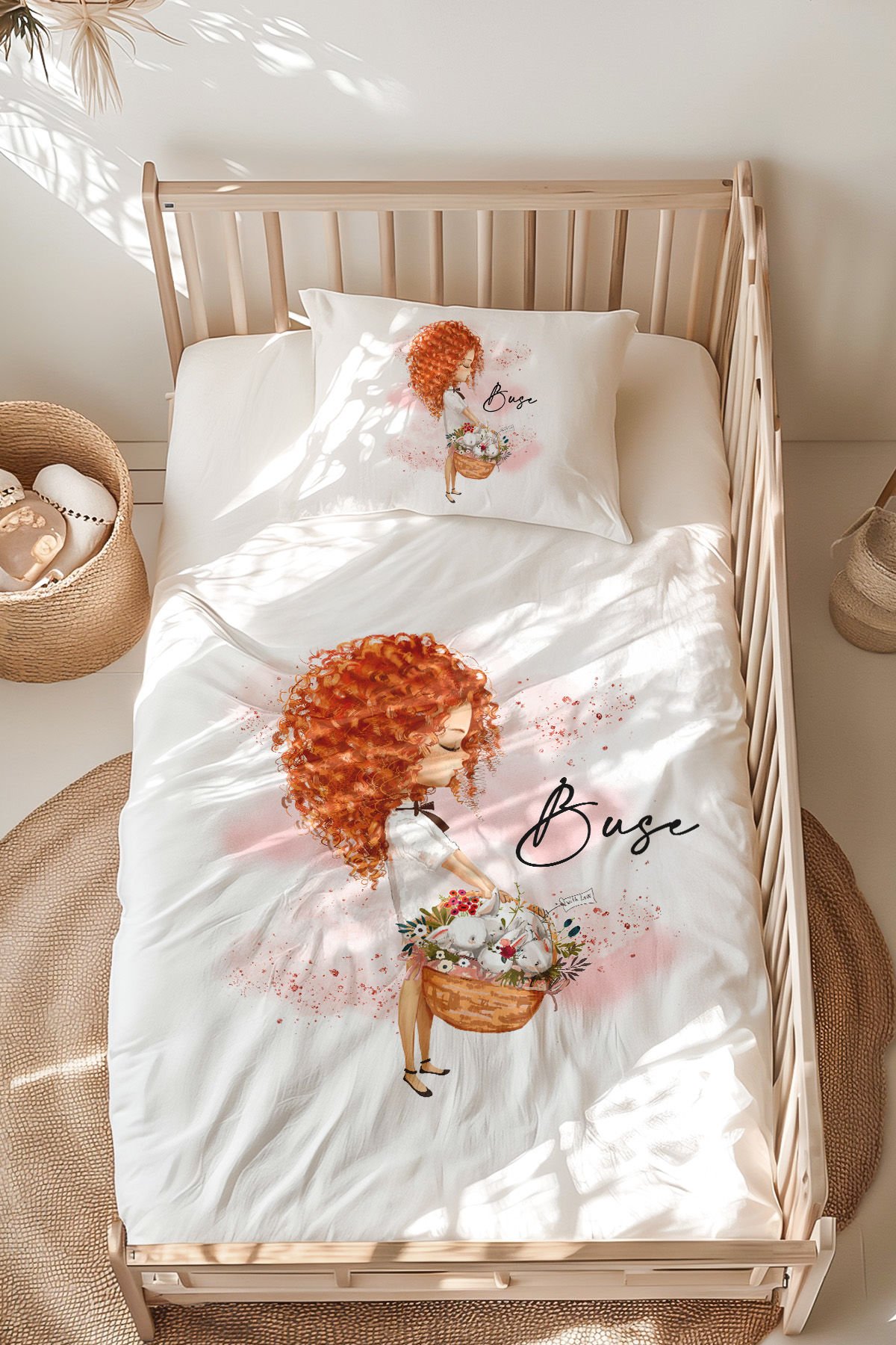 İsme Özel Montessori Yatak Nevresim Takımı (100x200 cm) Tavşancı Kız