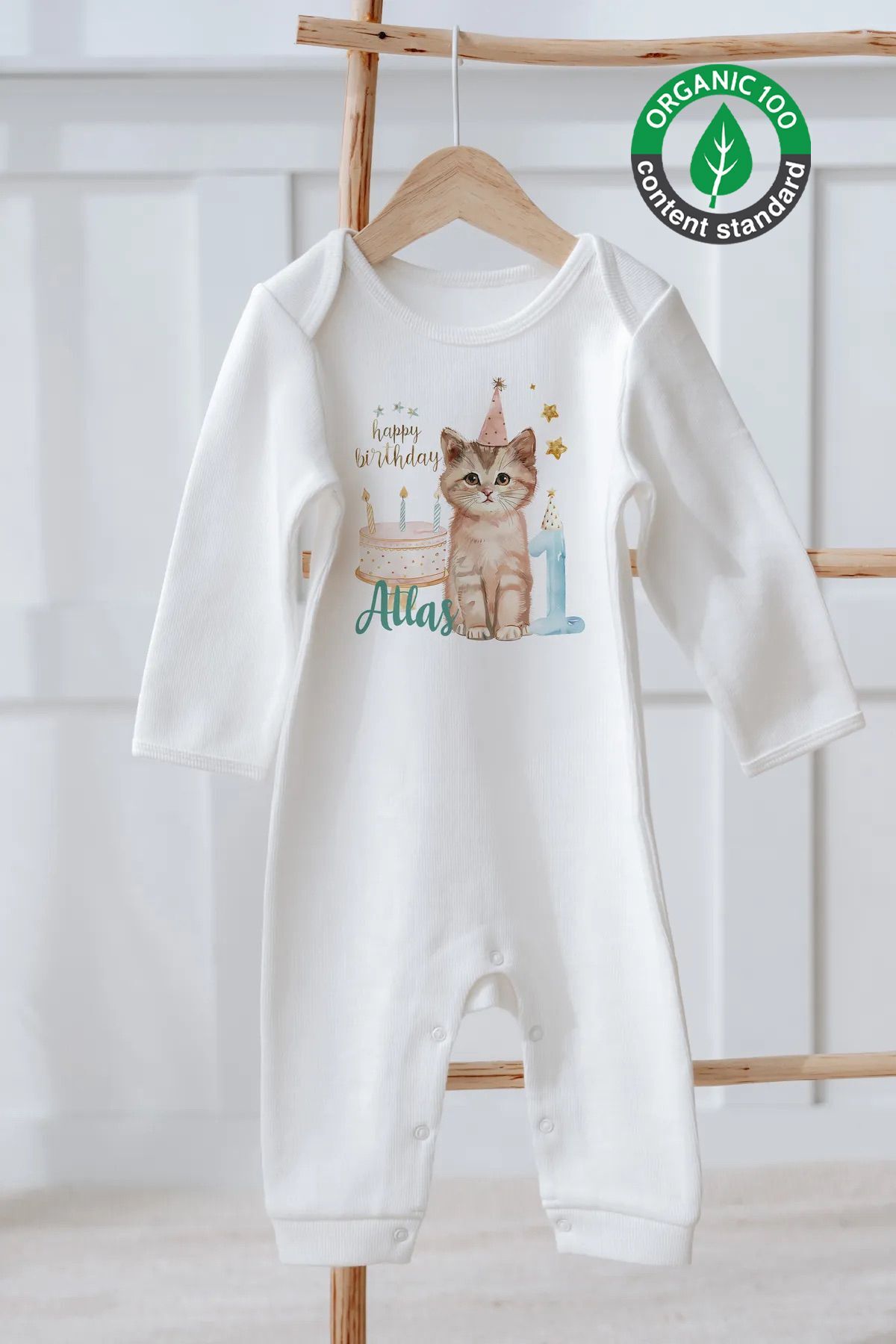 %100 Pamuk İsme Özel İsimli Doğum Günü Bebek Tulum 1 Yaş Kedi