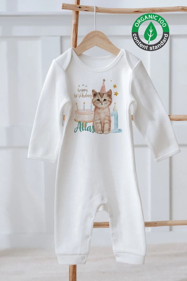 %100 Pamuk İsme Özel İsimli Doğum Günü Bebek Tulum 1 Yaş Kedi