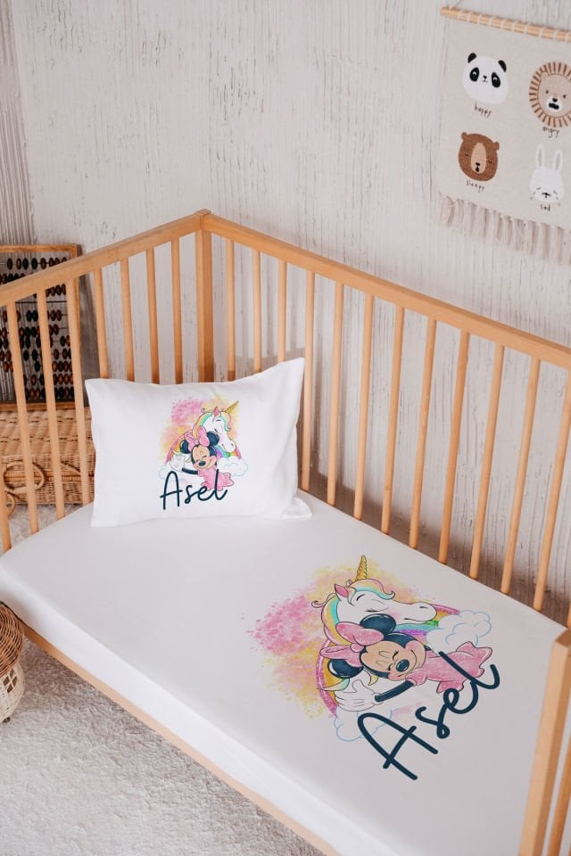 %100 Pamuk İsme Özel Park Yatak Çarşaf Seti (120x180) Unicorn