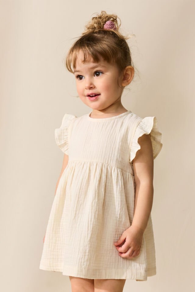 %100 Pamuk Müslin Bebek Zıbın Elbise Ekru