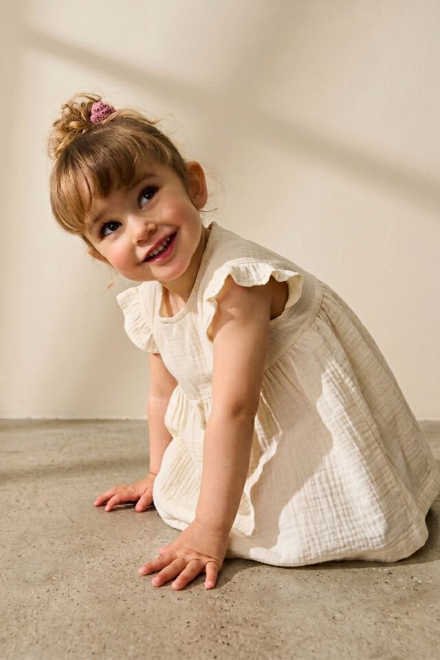 %100 Pamuk Müslin Bebek Zıbın Elbise Ekru