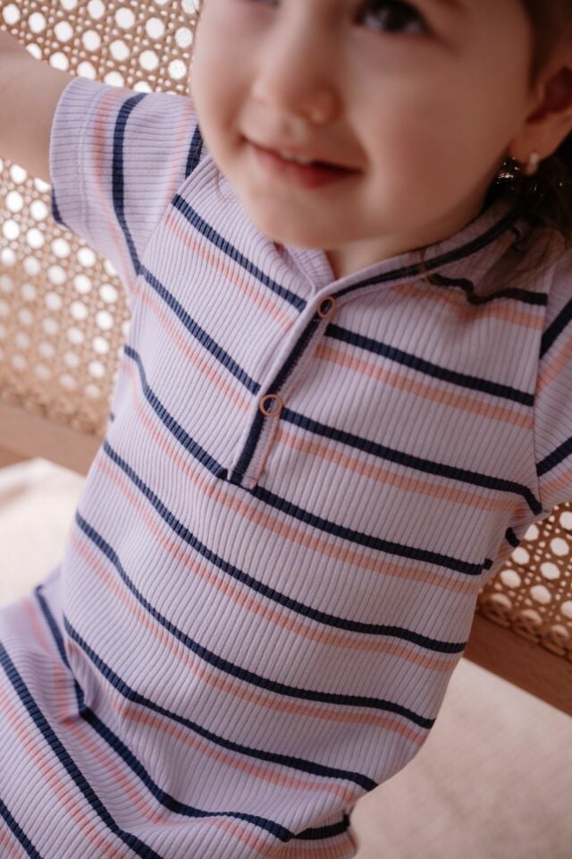 Çizgili Önden Düğmeli Kısa Kollu Bebek Body Lila
