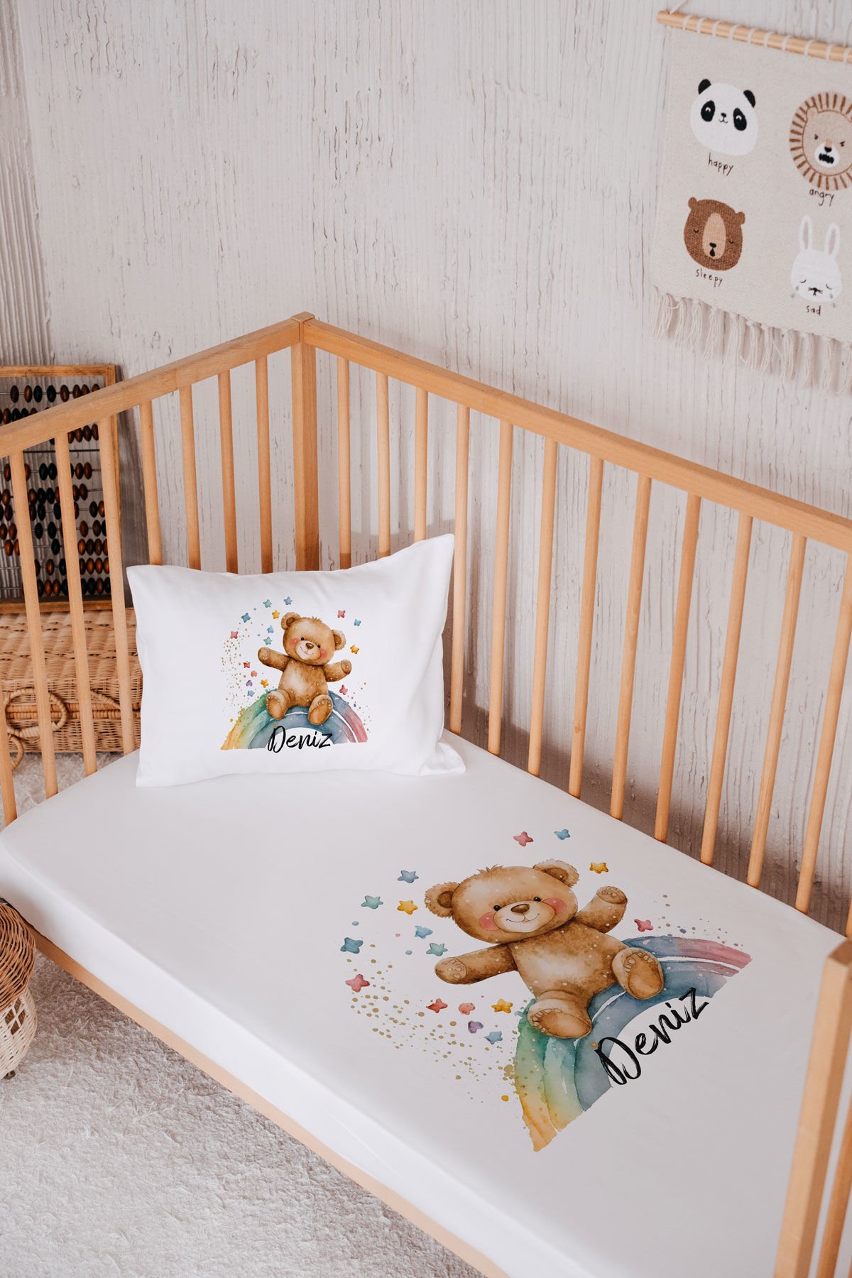 %100 Pamuk İsme Özel Park Yatak Çarşaf Seti (120x180) Ayıcık