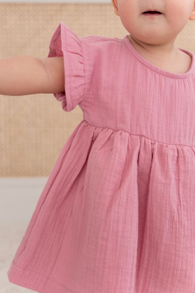 %100 Pamuk Müslin Bebek Zıbın Elbise 18-24 AY - Ekru