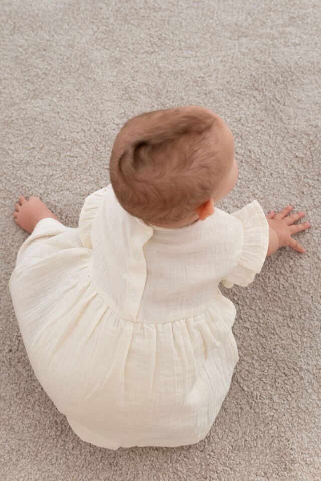 %100 Pamuk Müslin Bebek Zıbın Elbise 18-24 AY - Ekru