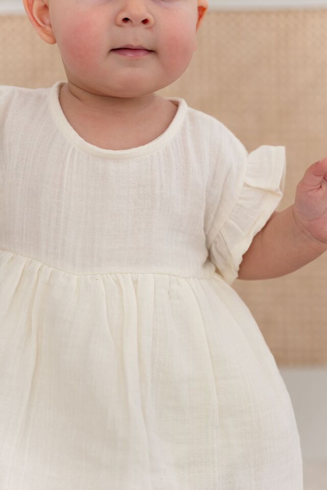 %100 Pamuk Müslin Bebek Zıbın Elbise 18-24 AY - Ekru