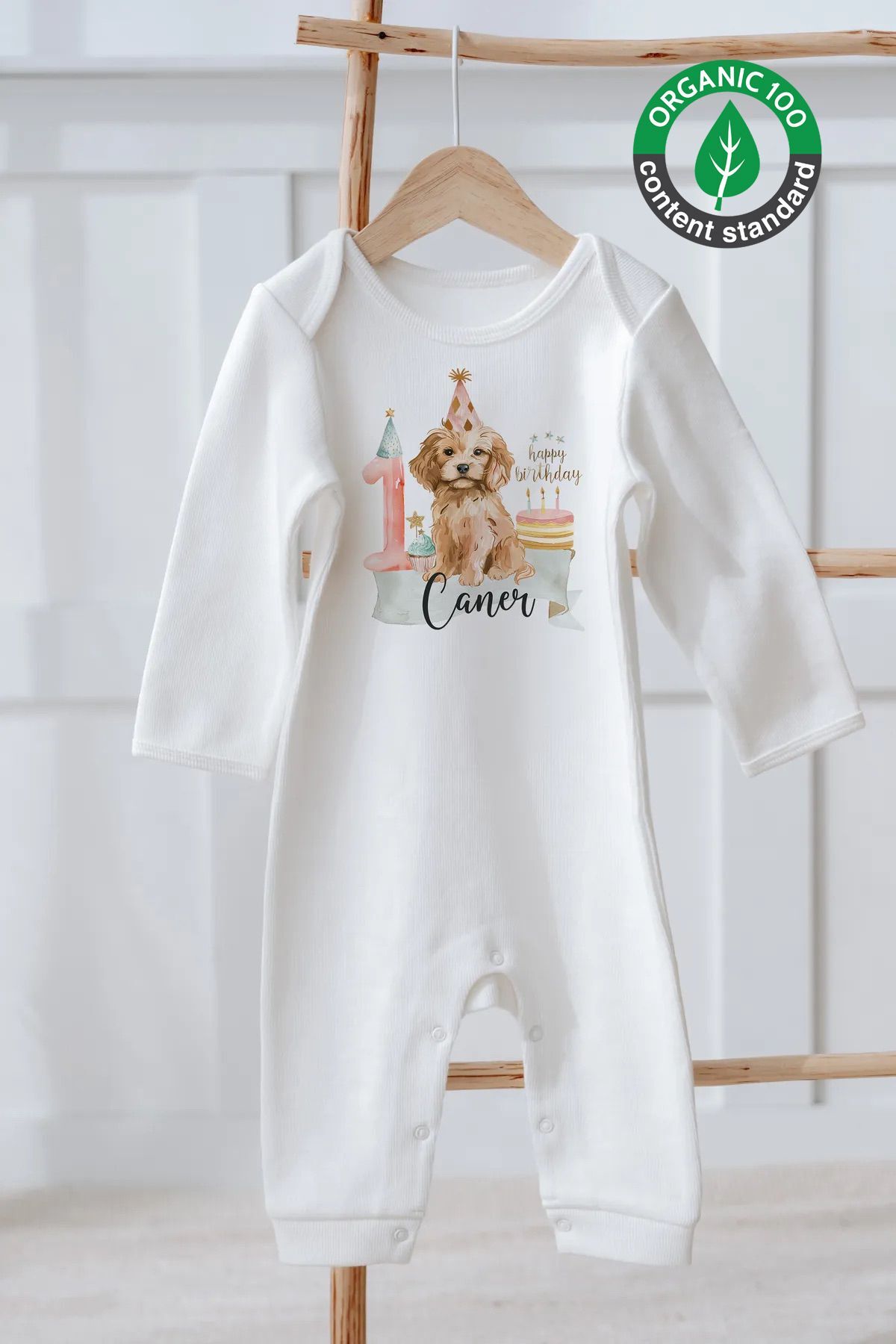 %100 Pamuk İsme Özel İsimli Doğum Günü Bebek Tulum 1 Yaş Köpek