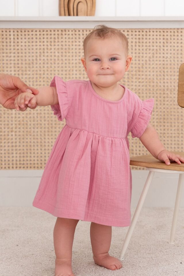 %100 Pamuk Müslin Bebek Zıbın Elbise 12-18 AY - Ekru